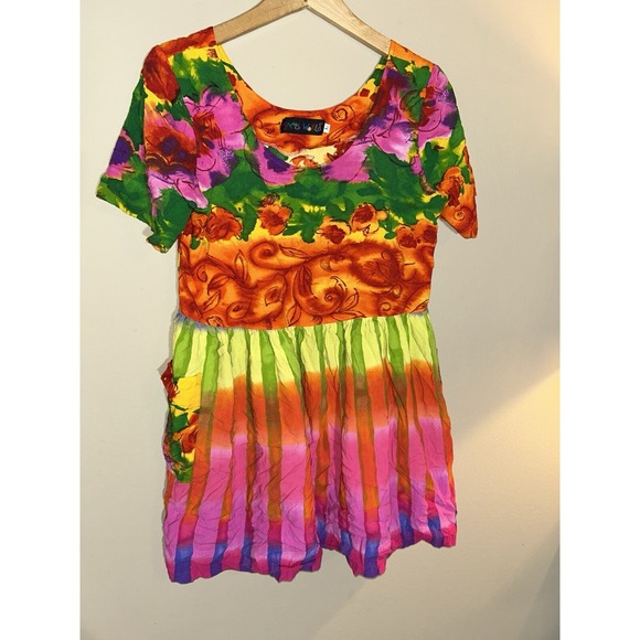 Jams World Dresses & Skirts - 1990s Jams World Brightly Colored Abstract Flower Print Vintage 90s Mini Dress L